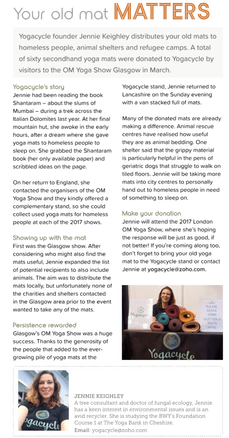 Jennie-keighley-recycle-yoga-mat-uk-for-homeless-refugee-animals-article-from-bwy-spectrum-magazine